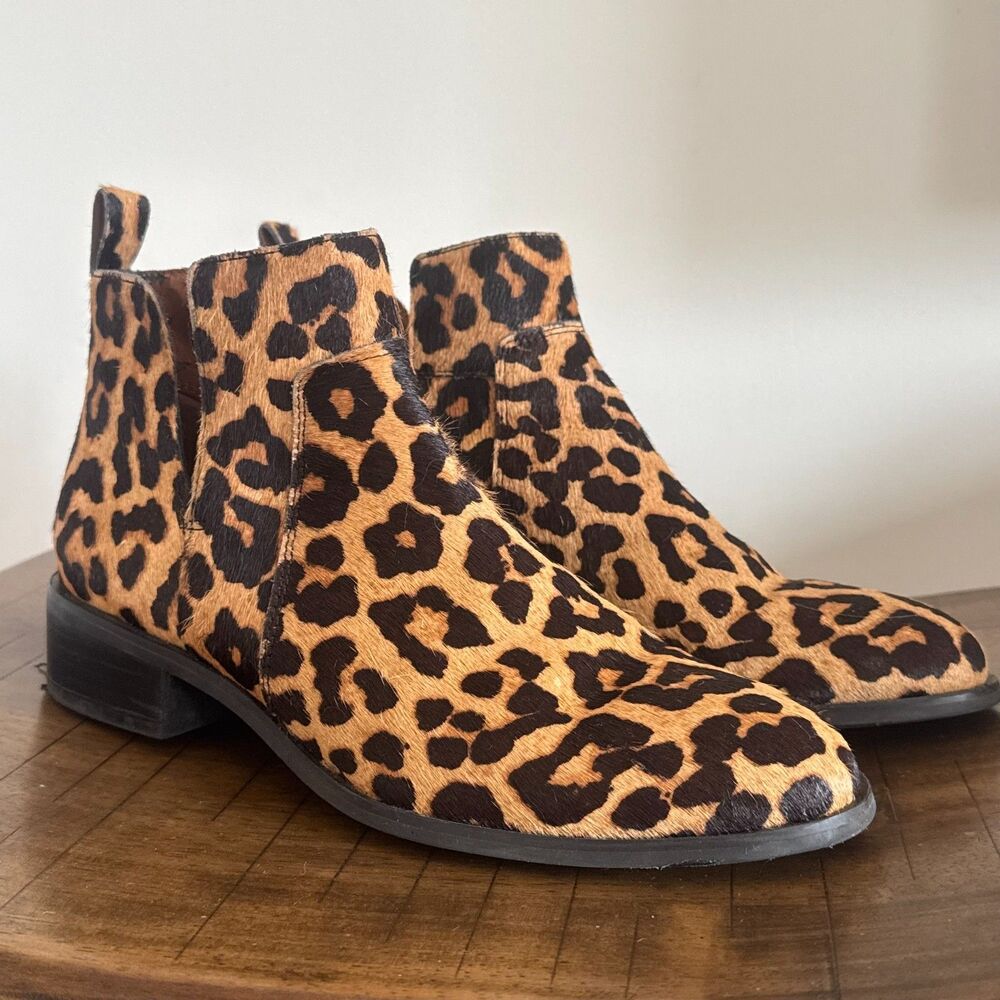 Franco Sarto Leopard Calf Hair Chelsea Ankle Boots Women's 8M Leather Booties